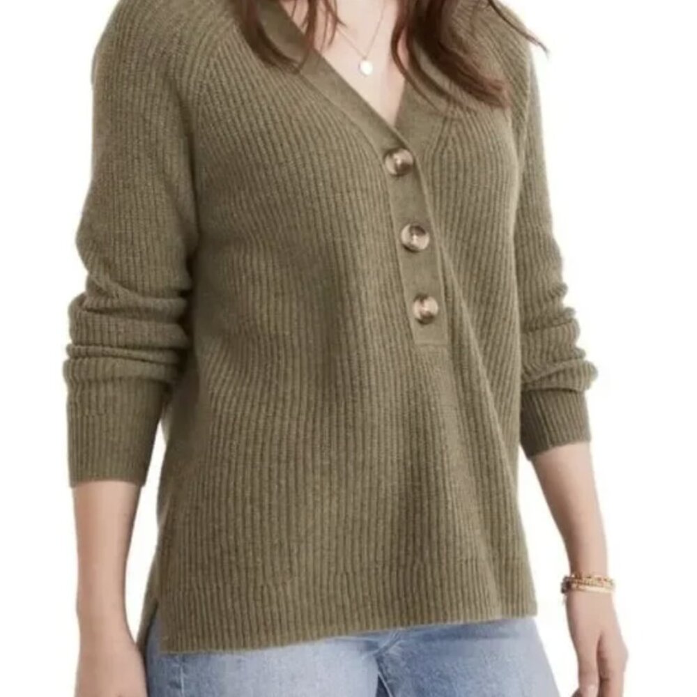 MADEWELL Lyle Rib Henley Sweater in Heather Boxwood Green Wool Blend Casual Sz S